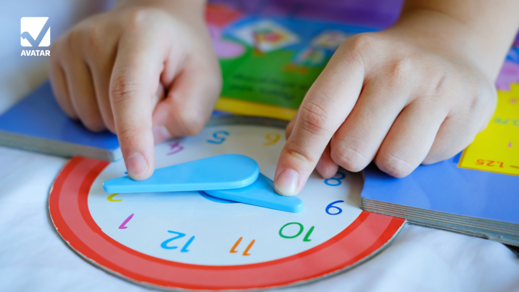 This image highlights learning to read clocks, calculate elapsed time, and understand time zones, providing practical experience with fractions and decimals.