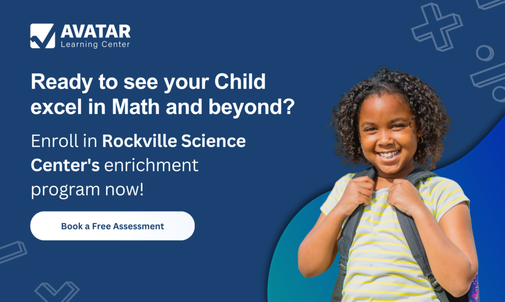 This image is used to encourage parents to enroll their children in the Rockville Science Center's math enrichment program, emphasizing its role as the top spot for elementary math enrichment in Montgomery County.
